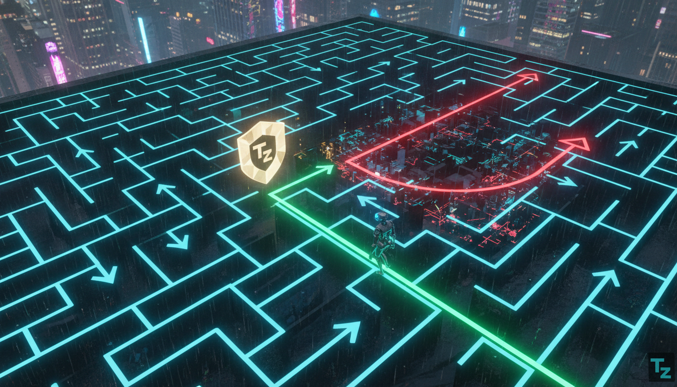 Monitoramento de Agentes de IA: Garantindo o Alinhamento e a Segurança — Ilustração de um labirinto complexo, com várias setas indicando diferentes caminhos. Uma seta vermelha se desvia do caminho pri