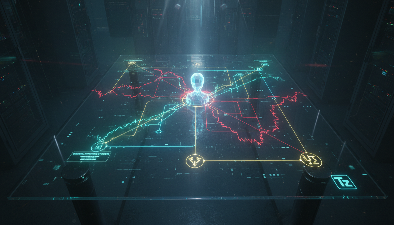 Monitoramento de IA: Identificando Desalinhamento em Agentes de Código — Um diagrama de rede complexo, mostrando um agente de IA (representado por um avatar estilizado) interagindo com diversos sistem