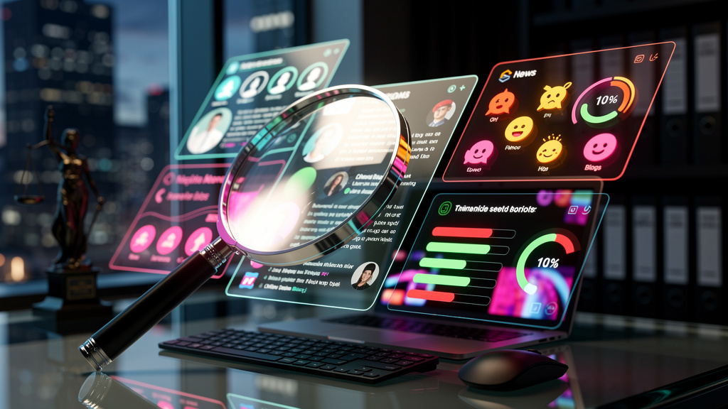 Monitoramento de Marca com IA: Guia para Escritórios de Advocacia — Close-up de uma lupa digital examinando menções da marca de um escritório de advocacia em várias plataformas online (redes sociais,