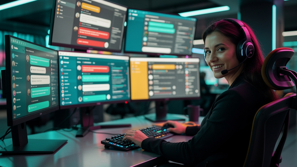 Multi Atendimento: O Guia Completo para uma Central Omnichannel — Um agente de atendimento ao cliente, sorrindo e usando um headset, com várias telas à sua frente mostrando diferentes canais de comuni