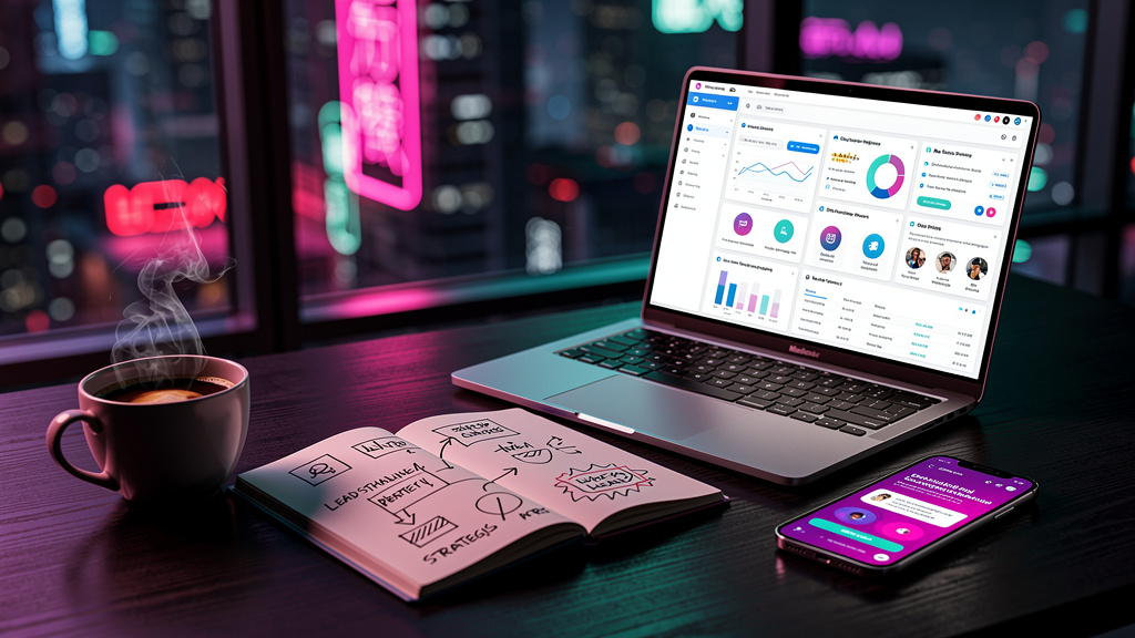 Multi Leads: Maximize seus resultados com a Toolzz e a IA — Uma mesa de escritório organizada com um laptop aberto exibindo a plataforma Toolzz. Ao lado do laptop, um bloco de notas com anotações sobr