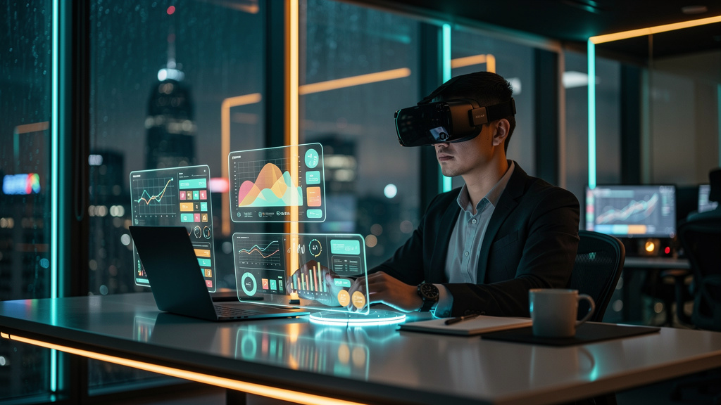 Netflix de Cursos: O Futuro da Educação Corporativa? — Uma pessoa usando óculos VR em um ambiente de trabalho moderno, imersa em uma simulação de treinamento corporativo. A interface do VR mostra dado