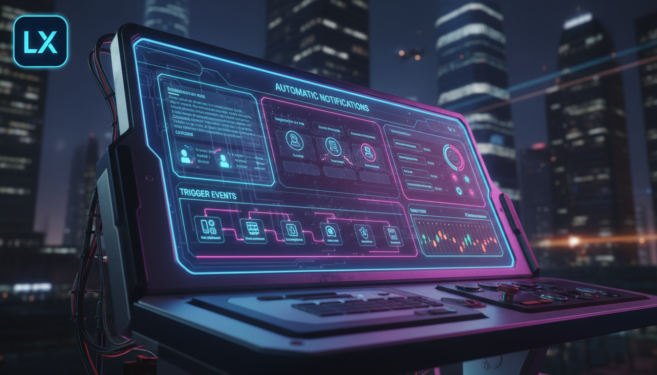 Notificações Automáticas: O Guia Completo para LXP em 2026 — Ilustração digital de um painel de controle LXP com diversas opções de configuração de notificações automáticas. Destaque para a seção de s