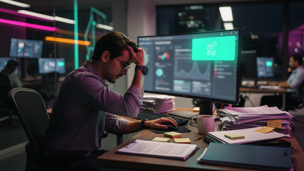 Notificações em Educação Corporativa: o que é, como funciona e por que importa — Um funcionário de escritório sentado à sua mesa, cercado por pilhas de papéis e post-its lembrando de várias tarefas. E