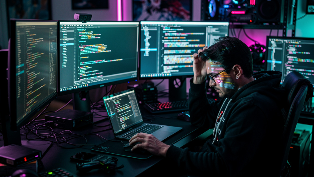 Notificações Inteligentes de IA: Otimize seu Fluxo de Trabalho — Um desenvolvedor de software frustrado, cercado por várias telas com código complexo. Ele está constantemente alternando entre as telas
