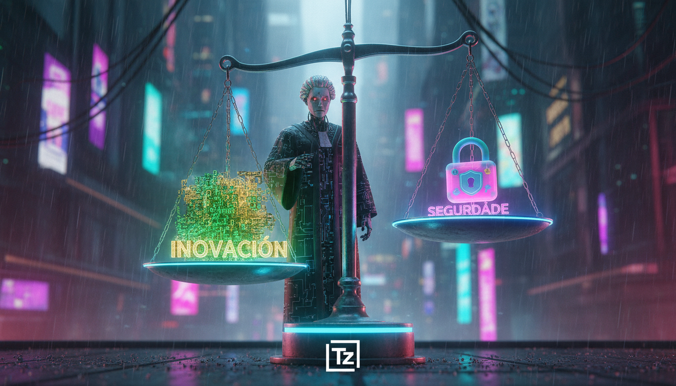 Nova Política de IA nos EUA: O Que Esperar para Empresas — Um juiz de desenho animado ponderando uma balança da justiça digital. De um lado, um código binário brilhante representando inovação em IA; d