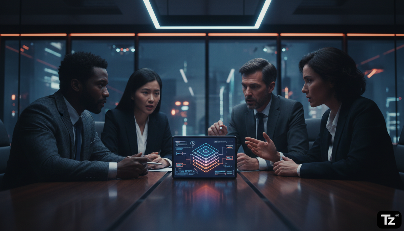 Nova Política de IA nos EUA: O que Muda para as Empresas? — Uma mesa de reuniões moderna, com executivos de diferentes etnias discutindo fervorosamente. Um tablet no centro da mesa exibe um diagrama d