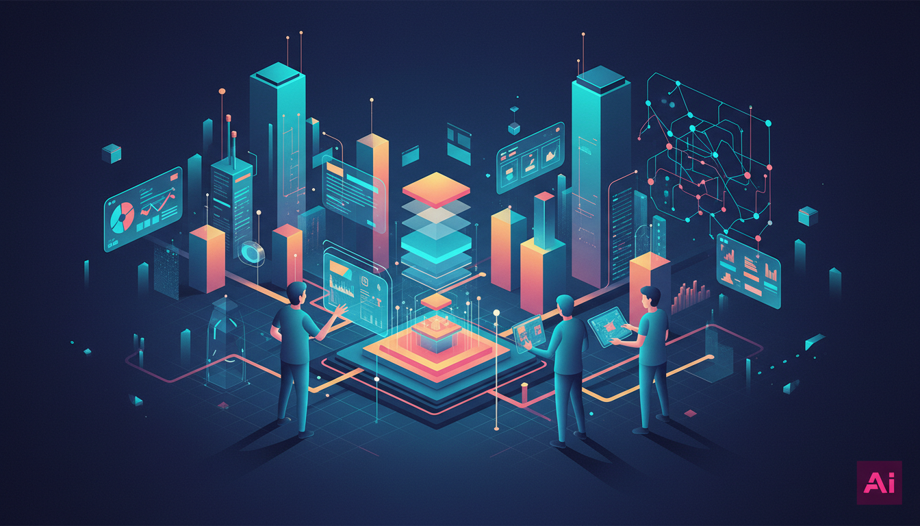 Novo Dataset LICA Impulsiona a IA no Design Gráfico — Create a high-end editorial illustration in a modern flat + gradient vector style.  STYLE: Clean, geometric, semi-abstract human figures with mini