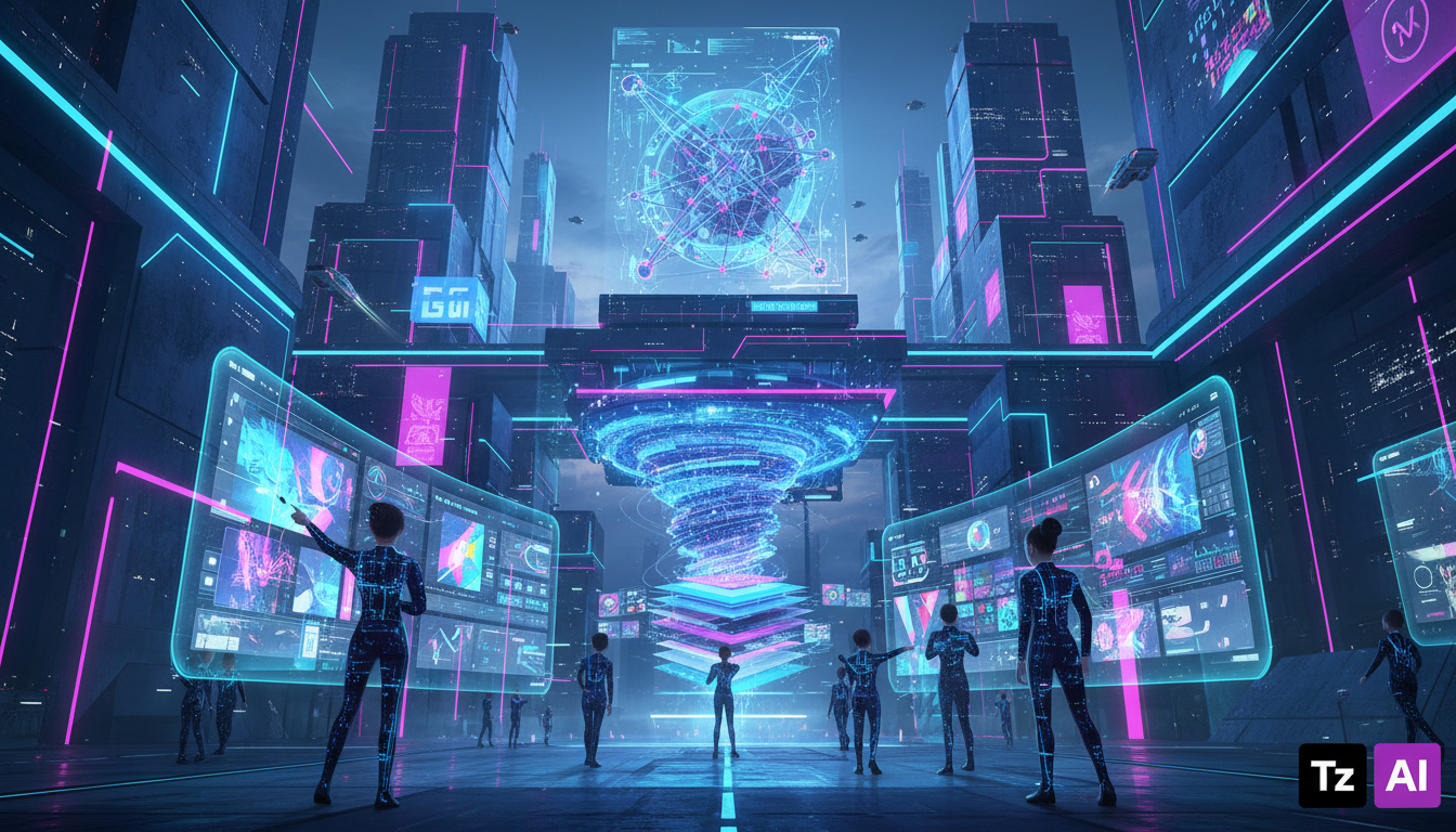 Novo Dataset LICA Revoluciona a IA para Design Gráfico — Create a high-end editorial illustration in a modern flat + gradient vector style.  STYLE: Clean, geometric, semi-abstract human figures with m