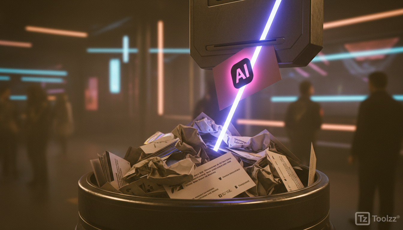 Nunca Mais Esqueça um Contato: A Importância de Capturar Conversas em Eventos — Um close-up dramático de uma pilha de cartões de visita amassados e jogados em uma lixeira, com um filtro de cor sépia p