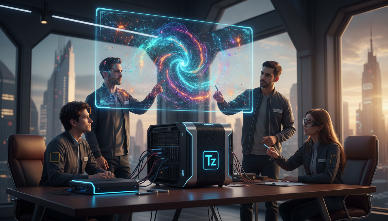 NVIDIA DGX: O Futuro do Poder de Computação para IA — Um time de engenheiros de IA reunidos em torno de uma estação de trabalho NVIDIA DGX em um escritório moderno e iluminado. A estação DGX está send