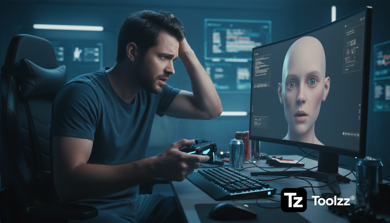 Nvidia DLSS 5: O Futuro da Experiência do Usuário ou um Deslize da IA? — Um desenvolvedor de jogos em seu estúdio, olhando fixamente para uma tela com o rosto de um personagem renderizado com DLSS 5. 