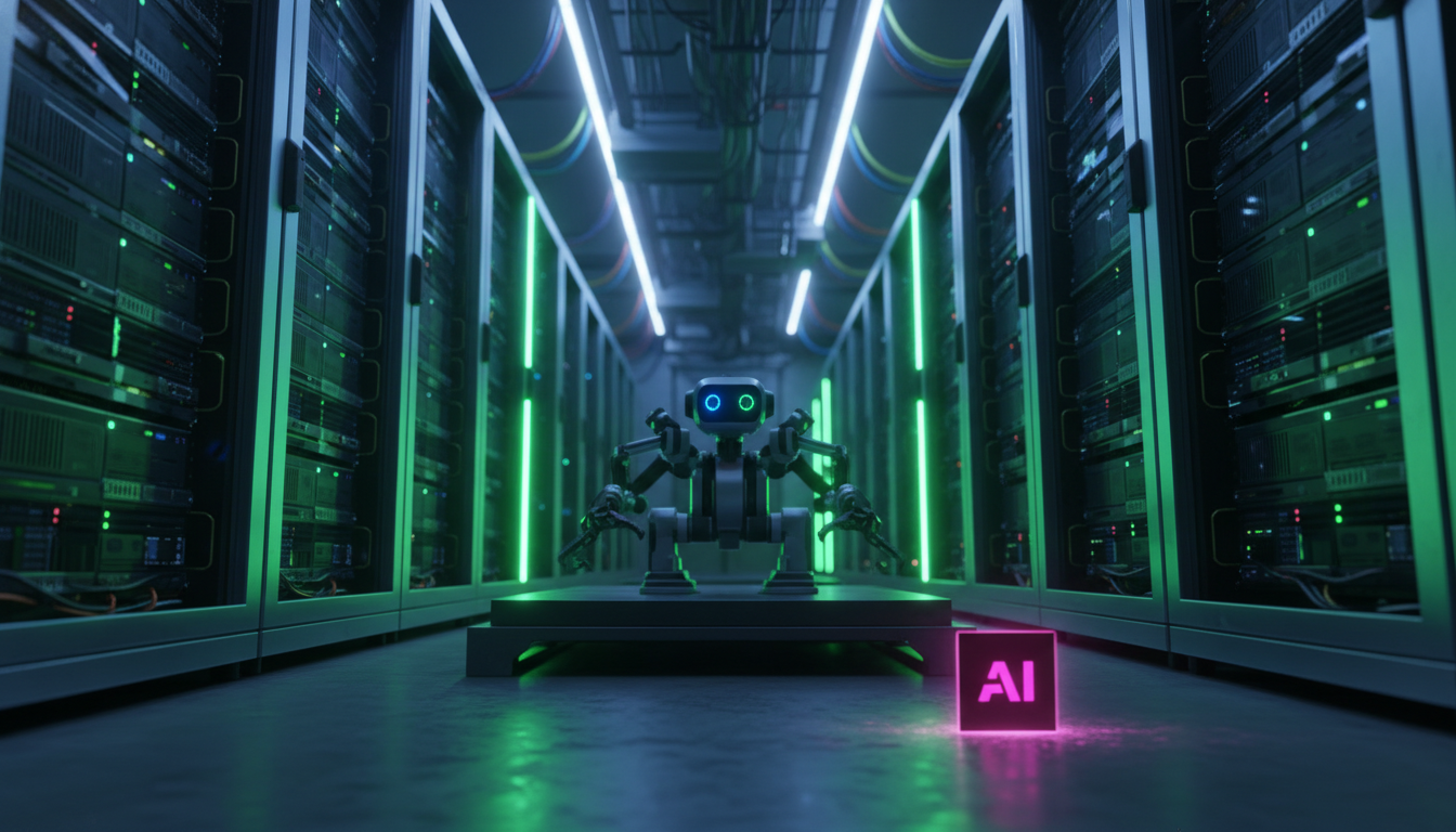 Nvidia e a Nova Era da IA: Agentes, Plataformas e o Futuro da Tecnologia — Um armazém repleto de prateleiras de servidores de IA, com um robô de manutenção movendo-se entre os corredores. As luzes pis
