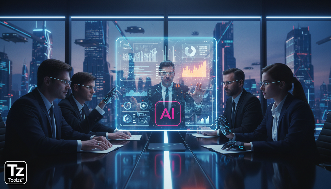 Nvidia GTC: Agentes de IA, Automação e o Futuro da Interação — Um agente de IA holográfico flutuando sobre uma mesa de reunião corporativa, interagindo com executivos. O holograma exibe dados e insigh