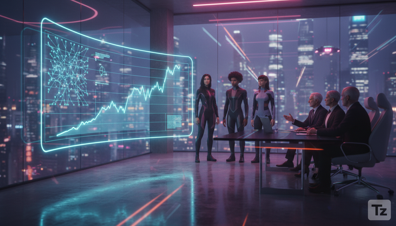 O Acesso é a Chave: Como Startups Superam a Falta de Capital — Uma sala de reunião moderna com paredes de vidro, onde um grupo diversificado de fundadores de startups apresenta seu pitch para um paine