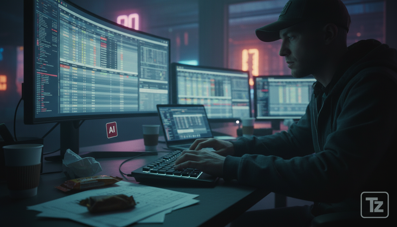 O Alto Custo de Workflows Manuais e Como a IA Pode Ajudar — Um close-up de uma mão digitando freneticamente em um teclado, com várias planilhas abertas em segundo plano. A iluminação é fraca e o rosto