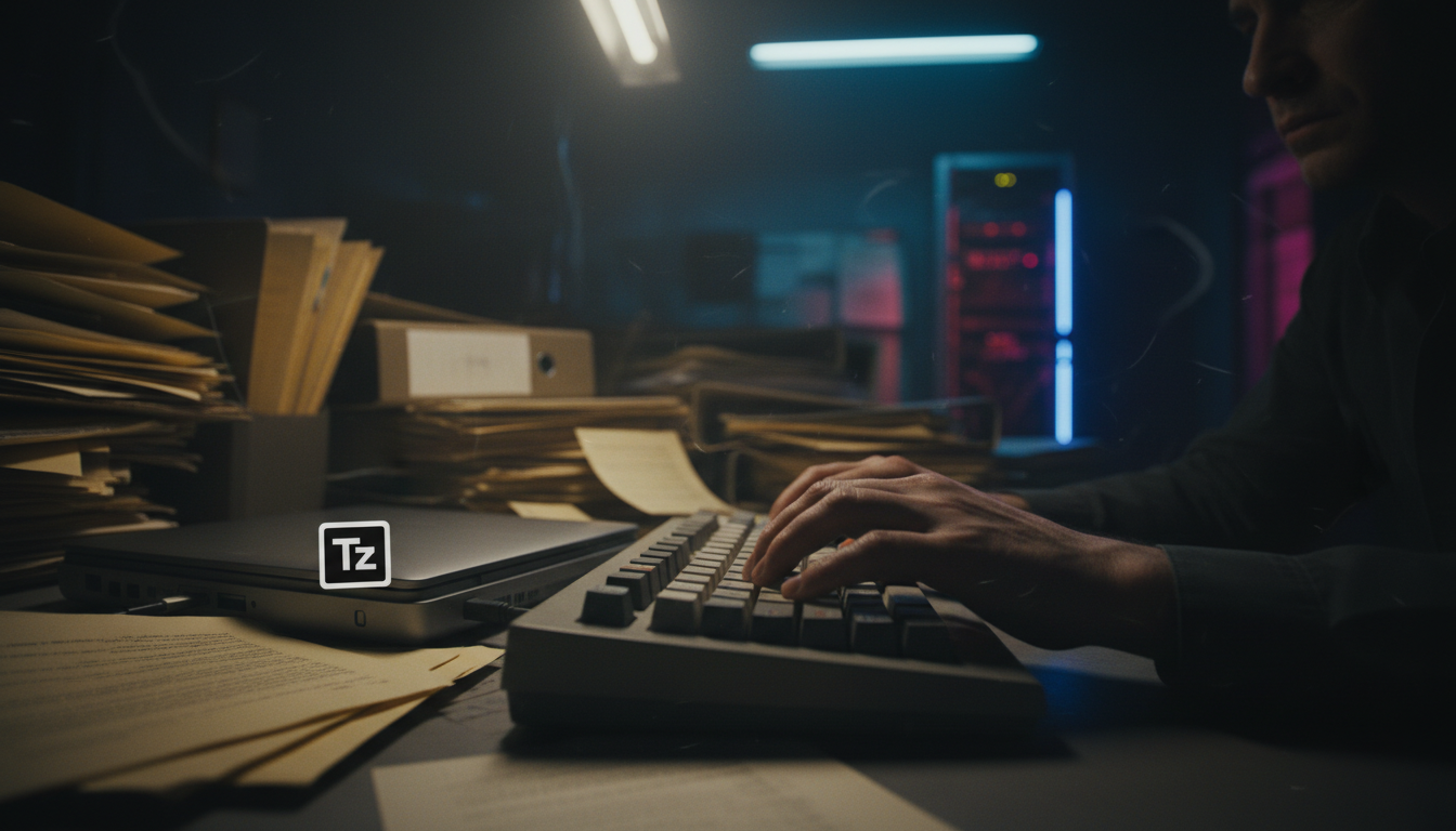 O Alto Custo dos Workflows Manuais: Como a IA Pode Ajudar — Um close-up dramático de uma mão humana digitando freneticamente em um teclado antigo, com pilhas de documentos em papel borrando o fundo. A