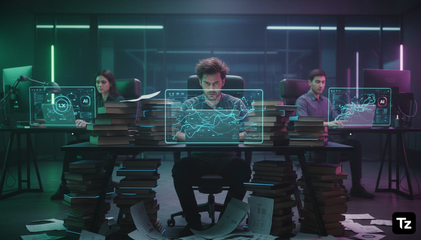 O Ano de Quatro Milhões de Livros e o Futuro da Educação — Um escritório moderno e minimalista. Em primeiro plano, um funcionário visivelmente sobrecarregado, cercado por pilhas de livros e papéis, co