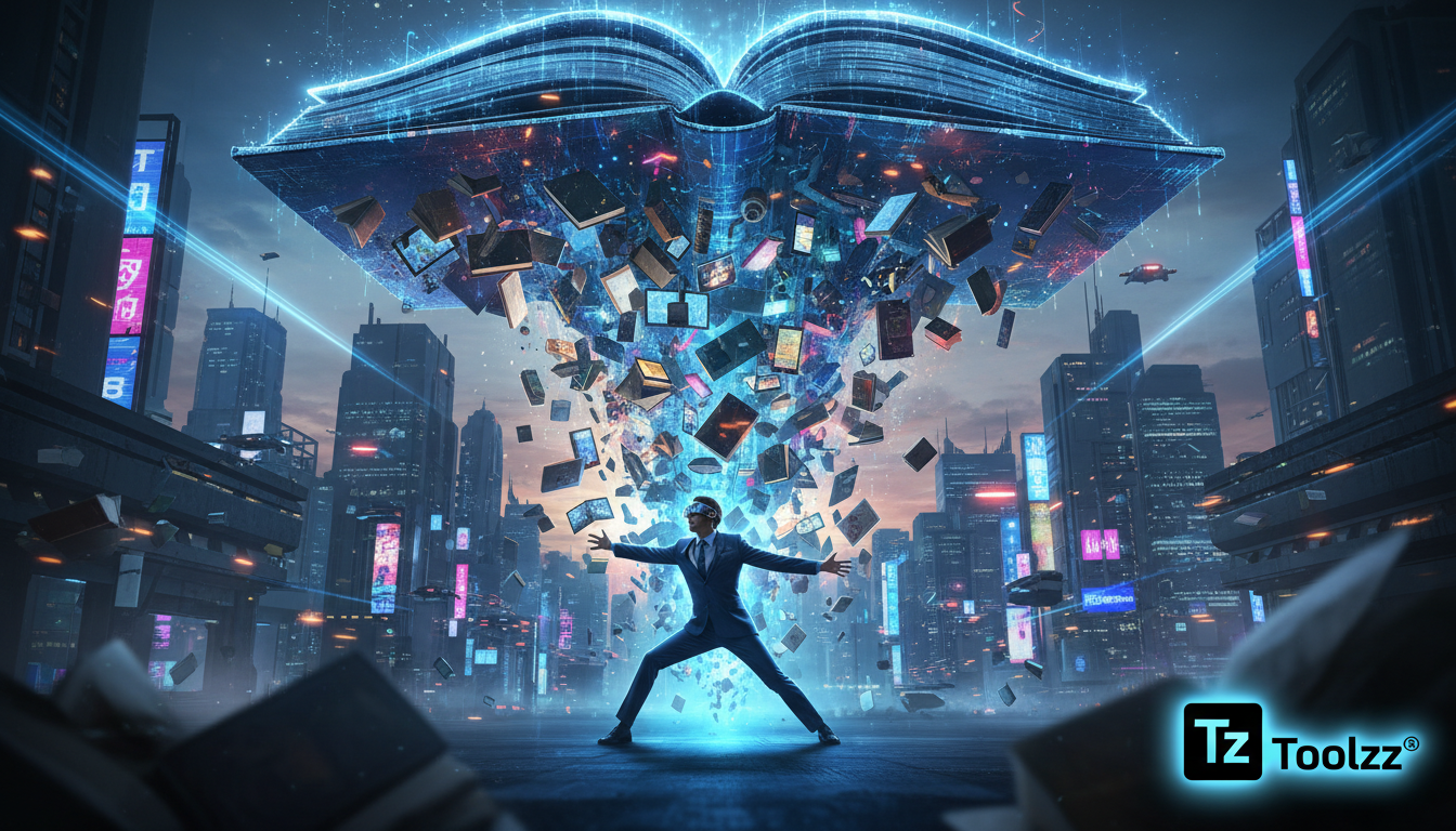 O Ano de Quatro Milhões de Livros e o Futuro da Educação — Um funil gigante, estilizado como um livro aberto, despejando uma avalanche de livros de todos os tamanhos e cores em um colaborador corporat