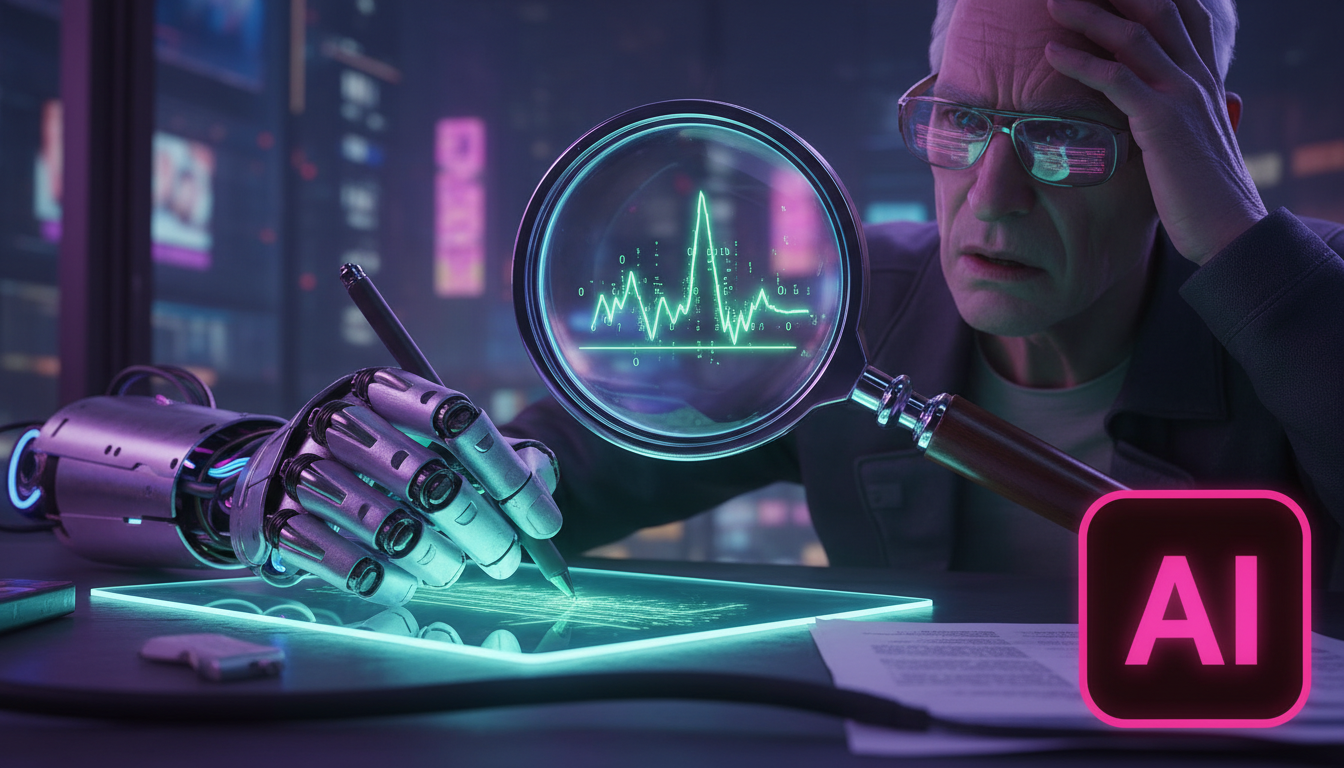 O Cancelamento de um Romance com IA: O Que Isso Significa? — Close-up de um contrato sendo assinado por uma mão robótica, com a assinatura tremendo levemente. Uma lupa amplia a assinatura, revelando p