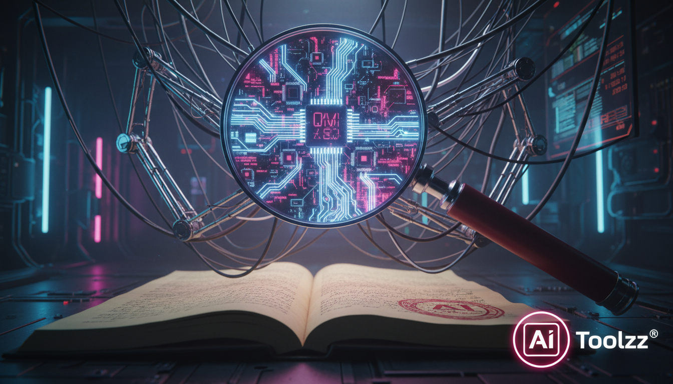 O Cancelamento de um Romance de IA: O Que Isso Significa? — Uma lupa gigante pairando sobre um manuscrito antigo com páginas amareladas. A lupa revela pequenos chips de computador e circuitos intrinca