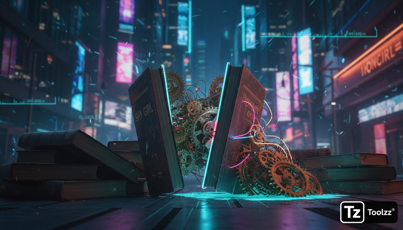 O Cancelamento de um Romance Gerado por IA: Lições para o Futuro da Publicação — Uma pilha de livros com o título 'Shy Girl' tombando, revelando engrenagens de relógio enferrujadas em vez de páginas. 