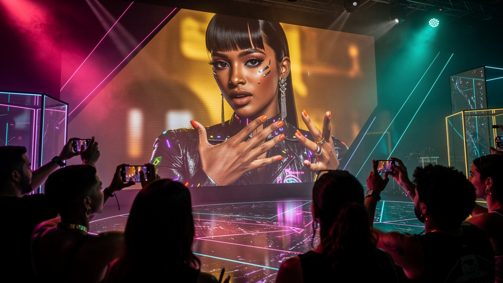 O cenário atual de Agentes IA Social Media no Brasil — Um influenciador virtual hiper-realista, com traços brasileiros, interagindo com fãs em um evento de moda exibido em um telão LED gigante. O infl