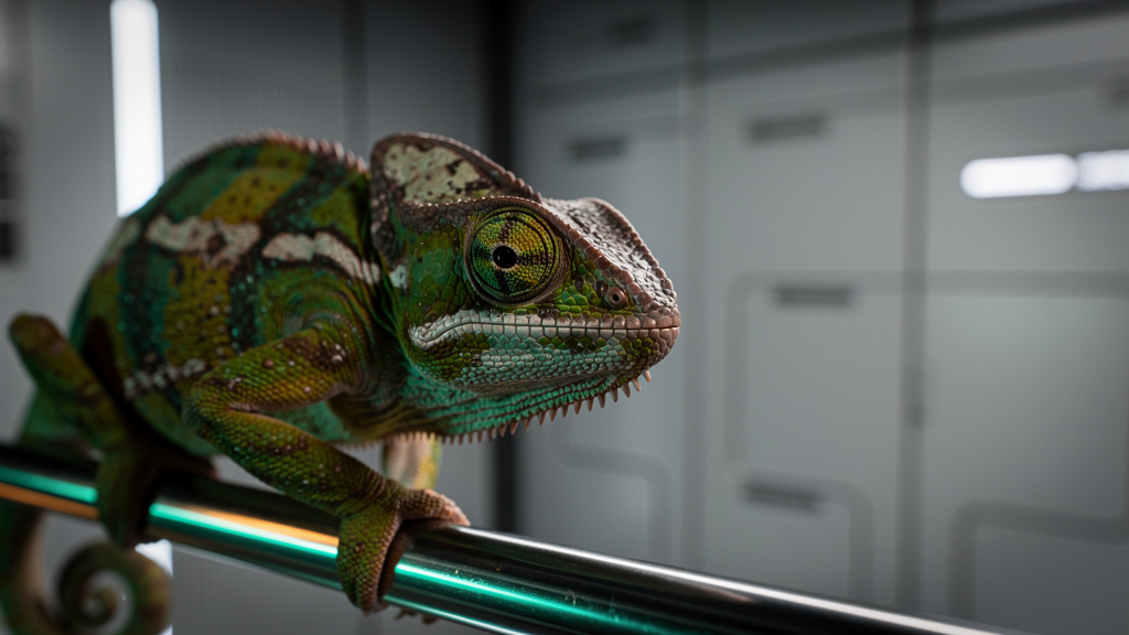 O cenário atual de Plataformas sem Whitelabel no Brasil — Close-up de um camaleão se esforçando para mudar de cor e se adaptar a um fundo genérico e sem personalidade. O camaleão parece frustrado e co