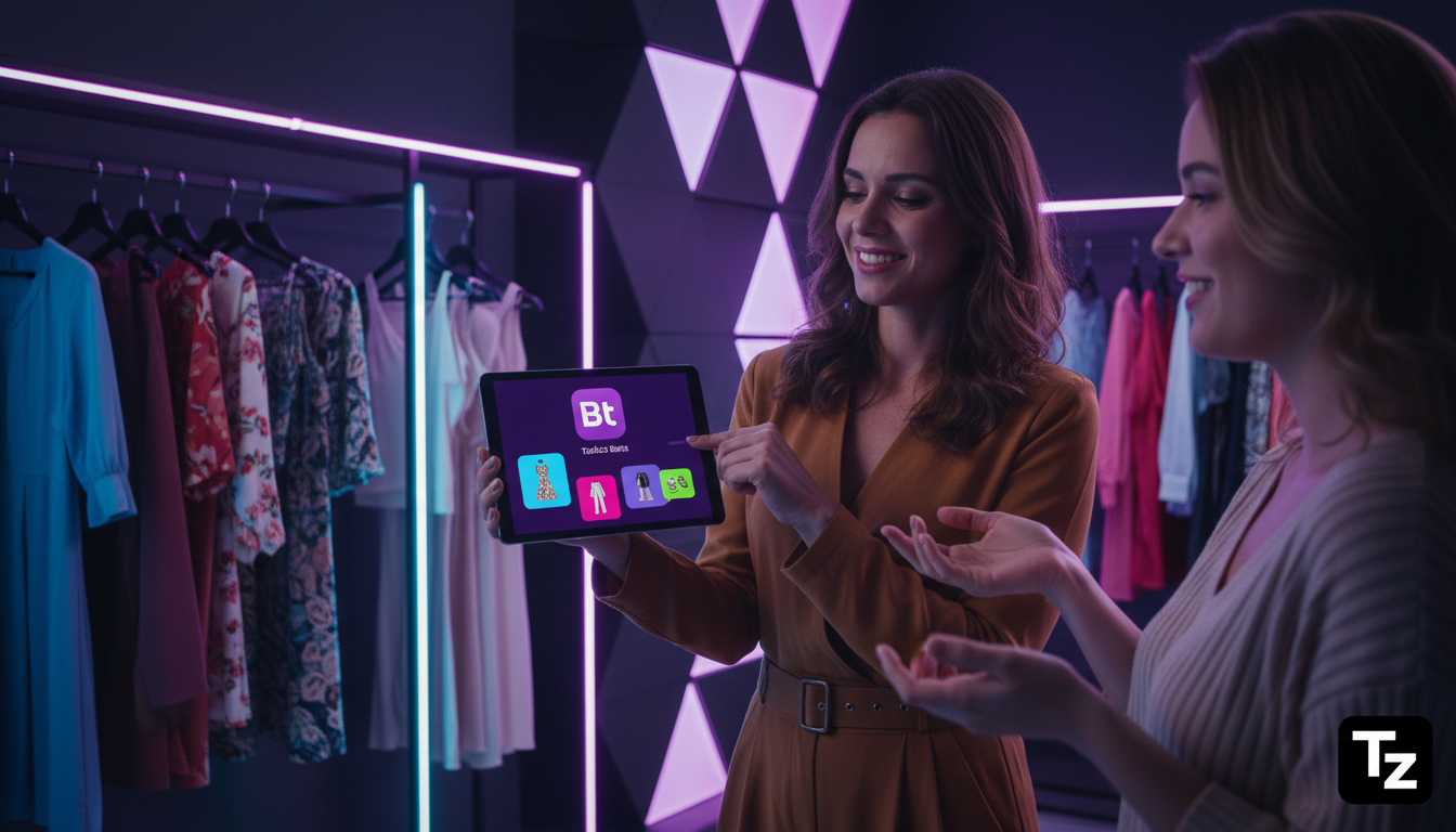 O cenário atual do Instagram Commerce com IA no Brasil — Uma vendedora sorrindo em um showroom de loja de roupas, usando um tablet para mostrar opções de looks para uma cliente. Um chatbot da Toolzz a