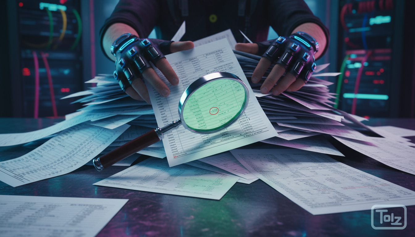 O Custo Oculto dos Workflows Manuais na sua Empresa — Close-up de mãos tentando desesperadamente organizar uma pilha gigante de documentos, com planilhas e papéis caindo para todos os lados. Uma lupa 