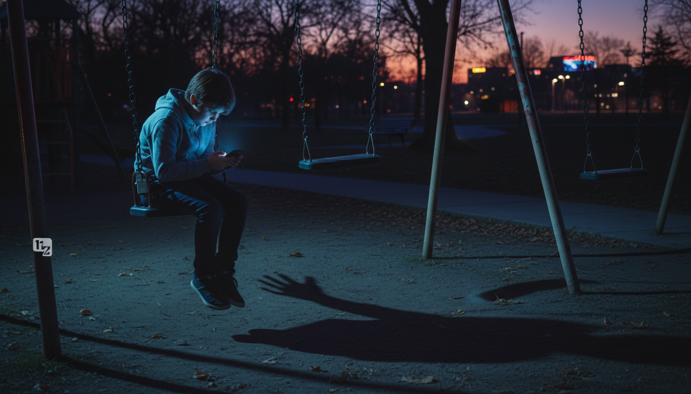 O Debate Sobre o Banimento de Redes Sociais para Menores de 16 Anos — Uma criança de 12 anos sentada sozinha em um balanço de um parque, olhando fixamente para o celular. A luz azul da tela ilumina se