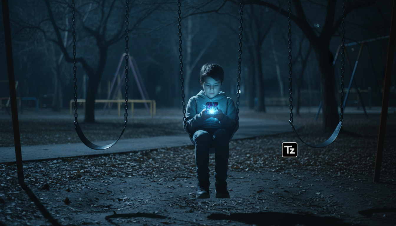 O Debate Sobre o Banimento de Redes Sociais para Menores de 16 Anos — Uma criança solitária sentada em um balanço em um parque escuro, iluminada apenas pela luz azul fraca de um smartphone em suas mão