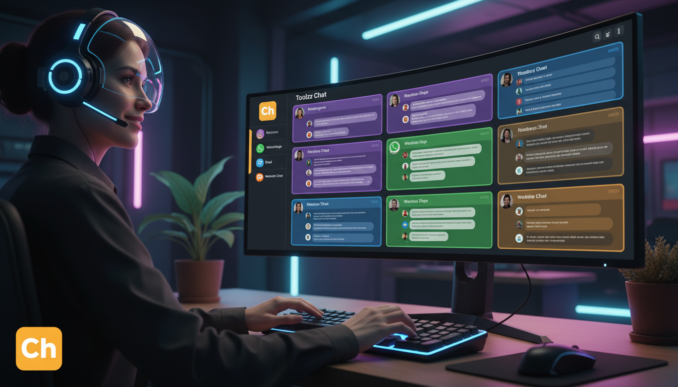 O diferencial Toolzz: automação + atendimento em 2026 — Close-up estilizado das mãos de um atendente de suporte ao cliente, usando um headset moderno e sorrindo gentilmente. Em frente a ele, um monito