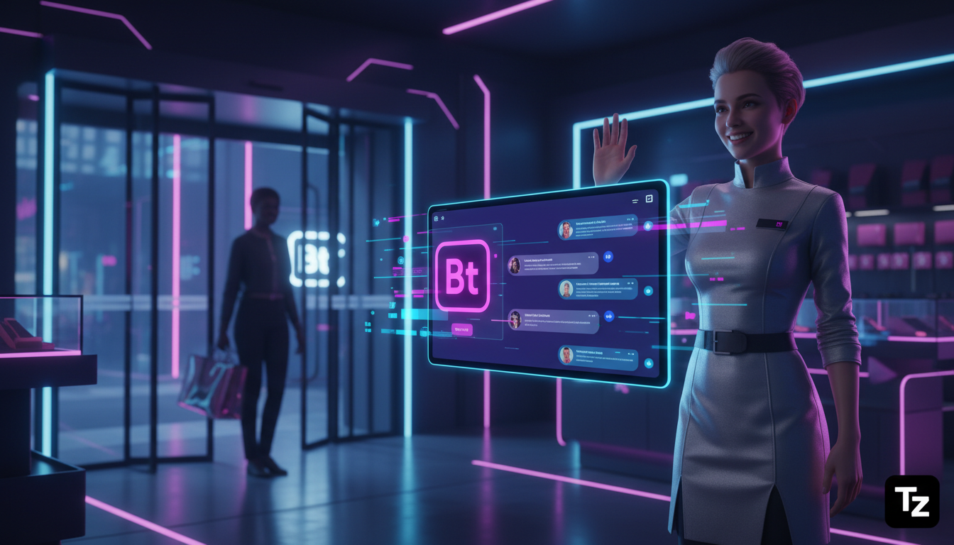 O diferencial Toolzz: chatbot Instagram DM automática em 2026 — Um atendente de loja sorrindo e acenando para um cliente que entra na loja. Ao lado do atendente, um tablet exibe um chatbot da Toolzz r