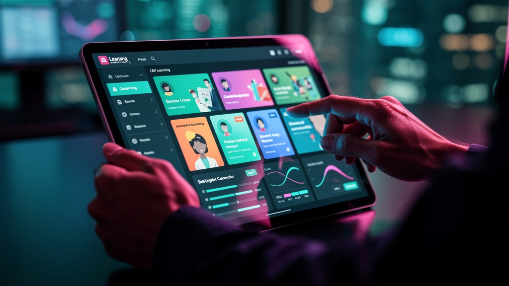 O diferencial Toolzz: Edmingle vale a pena? 7 alternativas LXP em 2026 — Close-up de um tablet sendo usado por um profissional, exibindo a interface do Edmingle. As mãos do usuário estão interagindo c