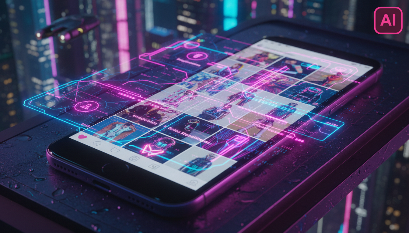 O diferencial Toolzz: IA para Instagram Business em 2026 — Close-up estilizado de um feed do Instagram em um smartphone, com miniaturas de fotos de roupas e acessórios de moda. Sobreposto ao feed, um 