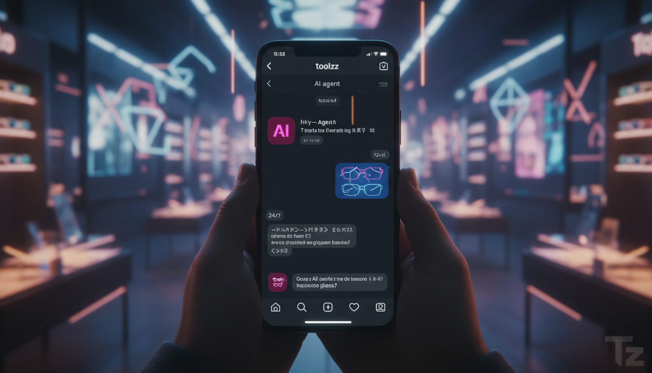 O diferencial Toolzz: IA para Instagram em óticas e o atendimento 24h em 2026 — Um close-up das mãos de uma pessoa segurando um smartphone. Na tela do Instagram, uma conversa com um agente de IA da To