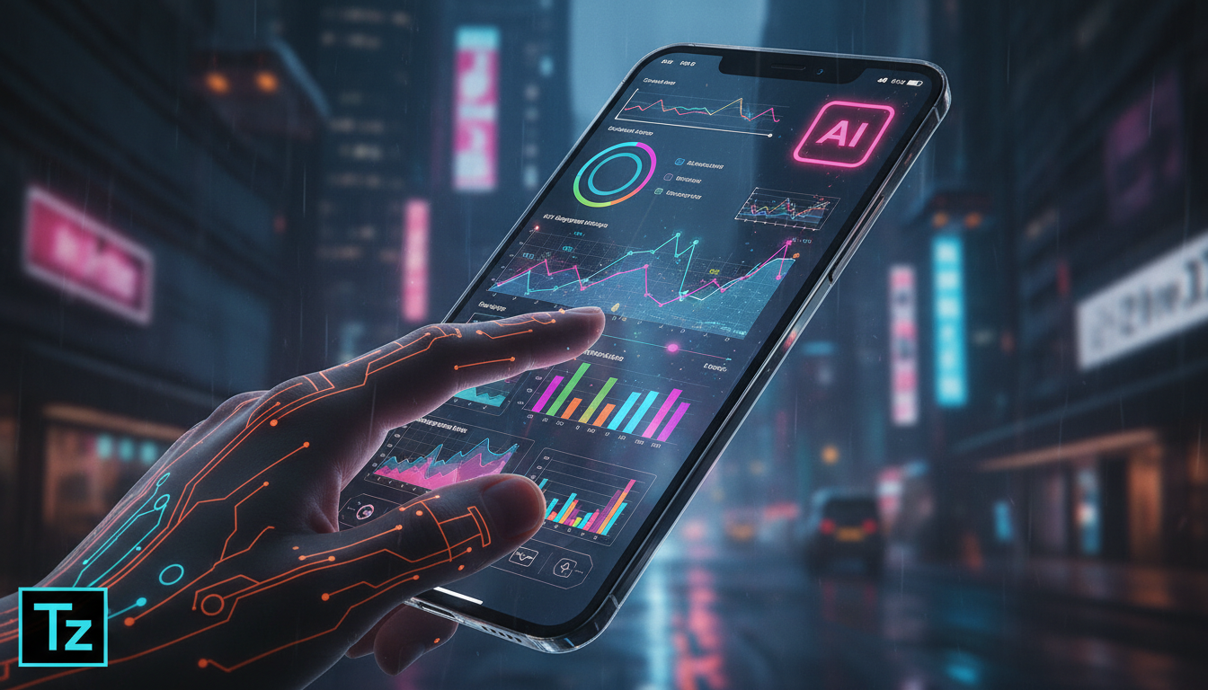 O diferencial Toolzz: IA para redes sociais em 2026 — Close-up de um smartphone exibindo uma interface de análise de dados de redes sociais. A tela mostra gráficos e métricas coloridas, representando 