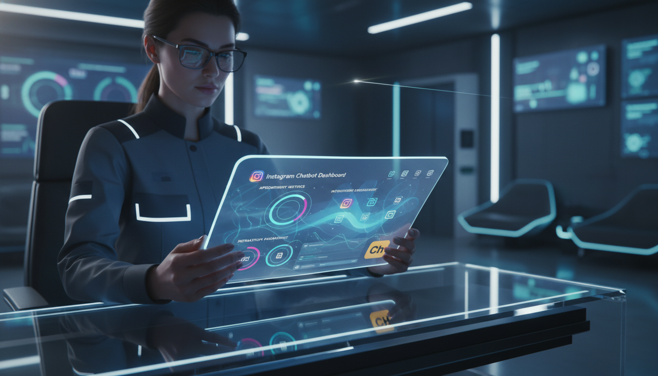 O ecossistema Toolzz: Chatbot Instagram em 2026 e o futuro do atendimento — Uma recepcionista de clínica médica interagindo com um tablet, mostrando um painel de controle de chatbot no Instagram. O pa