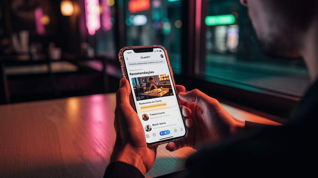 O ecossistema Toolzz: LXP, AI, Bots, Voice e Chat – 7 Estratégias para Aparecer  — Um cliente usando um smartphone para pesquisar um restaurante através do ChatGPT. A tela do ChatGPT mostra uma lista 