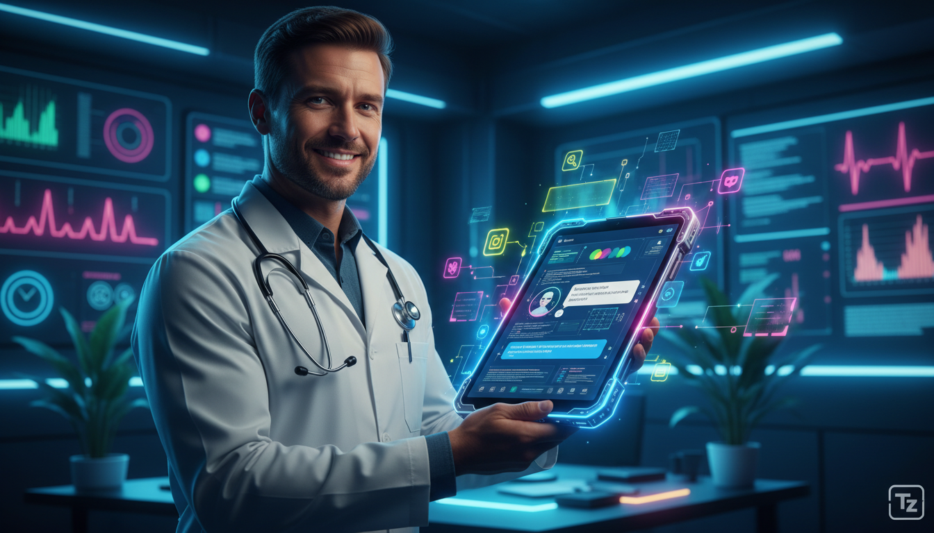 O ecossistema Toolzz: LXP, AI, Bots, Voice e Chat – 7 Formas de Turbinar Suas Ve — Um nutricionista sorrindo, usando um estetoscópio e segurando um tablet. O tablet exibe uma tela de chat com um chatb