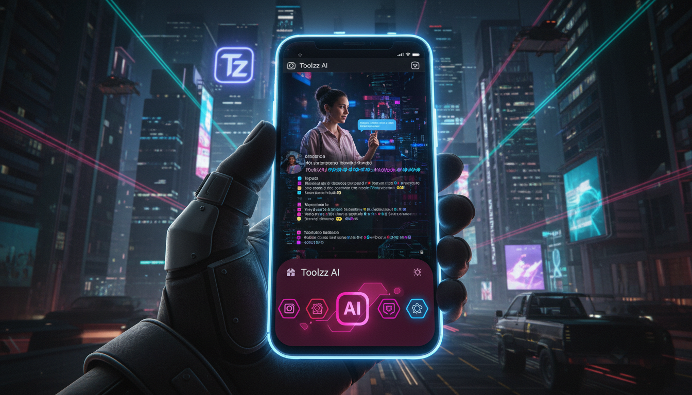 O ecossistema Toolzz: LXP, AI, Bots, Voice e Chat - 7 Formas de Usar IA no Insta — Uma tela de smartphone exibindo uma legenda de Instagram gerada por IA, com sugestões de hashtags relevantes e emojis