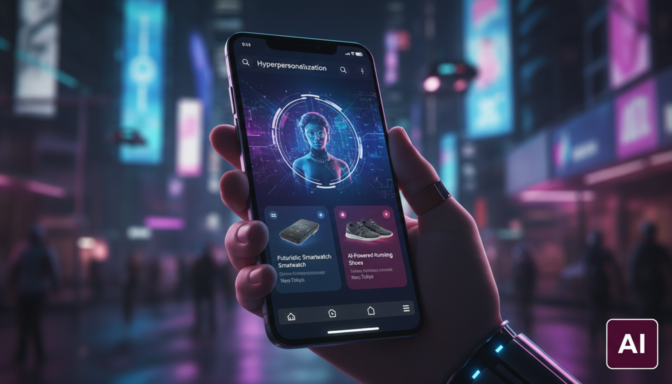 O ecossistema Toolzz: LXP, AI, Bots, Voice e Chat – 7 Tendências em Agentes de I — Close-up de um smartphone exibindo um anúncio altamente personalizado para um usuário específico, com detalhes como n