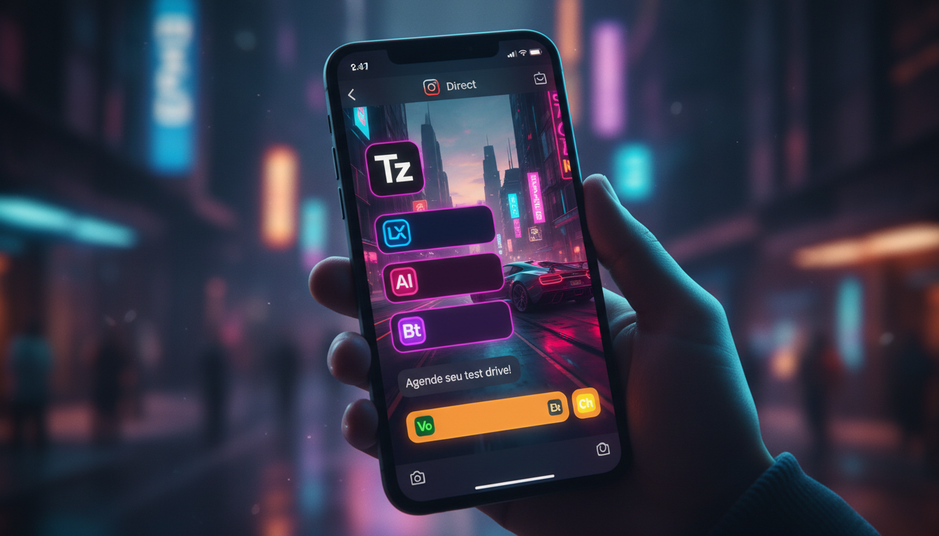 O ecossistema Toolzz: LXP, AI, Bots, Voice e Chat - Automação Instagram para Ven — Um close-up de um smartphone mostrando uma conversa em tempo real no Instagram Direct. O usuário está interagindo com