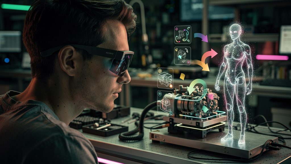 O ecossistema Toolzz: LXP, AI, Bots, Voice e Chat — Um close-up de um colaborador usando óculos de realidade aumentada em um ambiente de trabalho moderno. Através dos óculos, ele visualiza um agente d
