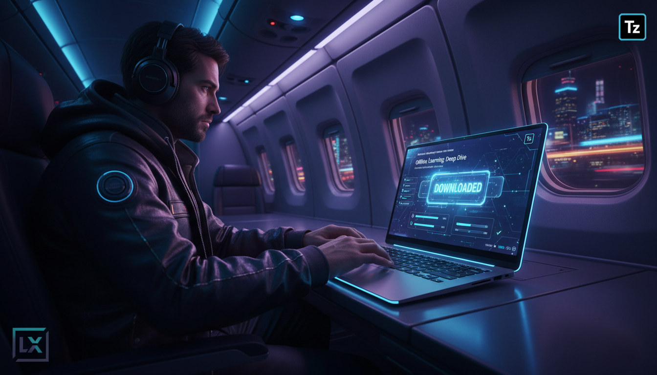O ecossistema Toolzz: LXP, AI, Bots, Voice e Chat - Conteúdo Offline em LXP: Gui — Uma pessoa em um avião, usando fones de ouvido e um laptop. A tela do laptop exibe uma interface de Learning Experien