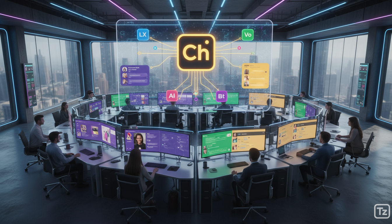 O ecossistema Toolzz: LXP, AI, Bots, Voice e Chat - Instagram Commerce com IA em — Visão aérea de um escritório moderno e movimentado, com agentes trabalhando em computadores. Cada tela exibe diferent