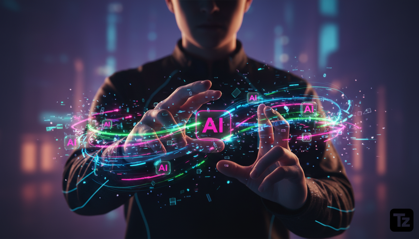 O Fim dos Apps? A Ascensão dos Agentes de IA — Um close-up estilizado das mãos de uma pessoa gesticulando no ar, interagindo com uma interface de IA invisível. Pequenas partículas de luz dançam ao red