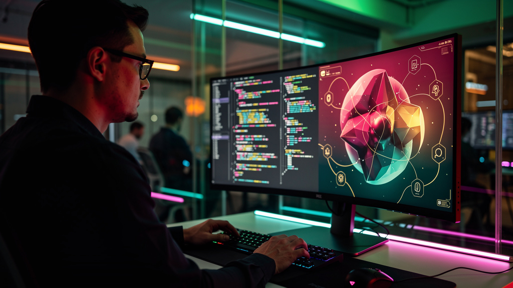 O Futuro da Computação: A Era da IA e o Papel das Empresas — Um desenvolvedor de software, com óculos e expressão concentrada, está sentado em frente a um computador com uma tela dividida. Em uma meta