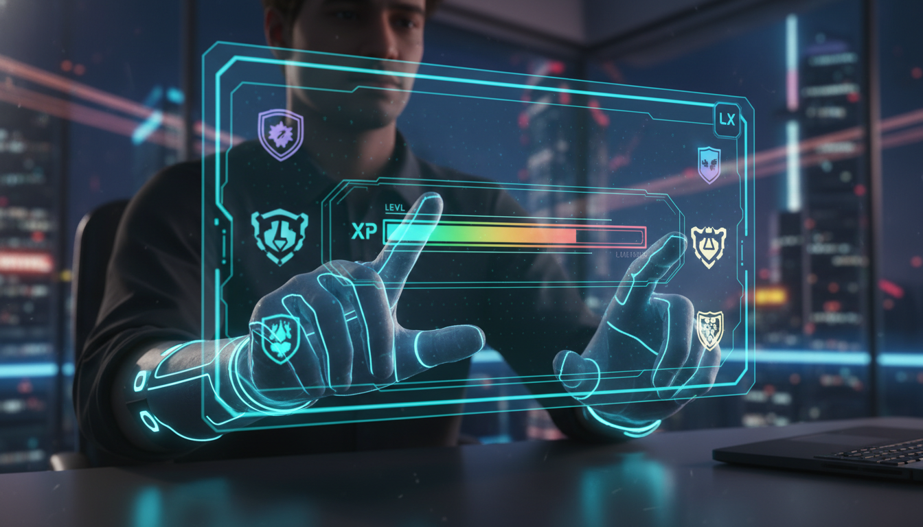 O futuro da Gamificação em Educação Corporativa — Um close-up das mãos de um funcionário interagindo com uma tela touchscreen. A tela exibe um painel de controle de uma plataforma LXP, mostrando a bar